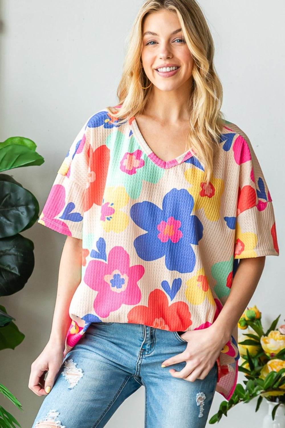 HOPELY Full Size Floral V-Neck Side Slit T-Shirt - Shop Style & More | Fresh Looks, Everyday Deals & Free Shipping
