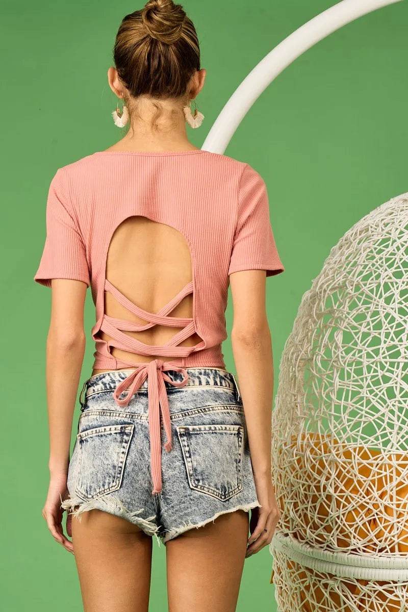 BiBi Rib Knit with Back Cross and Tied Detailed Top - Shop Style & More | Fresh Looks, Everyday Deals & Free Shipping