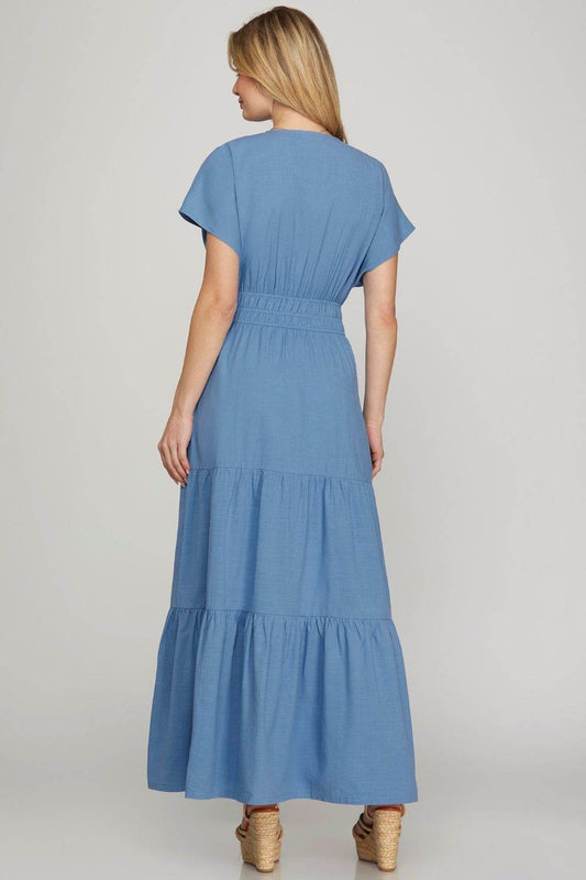She + Sky Surplice Short Sleeve Tiered Maxi Dress With Pockets - Shop Style & More | Fresh Looks, Everyday Deals & Free Shipping