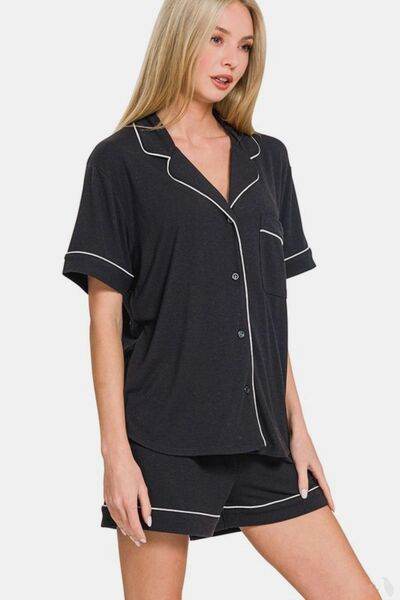 Zenana Button Down Short Sleeve Top and Shorts Lounge Set - Shop Style & More | Fresh Looks, Everyday Deals & Free Shipping
