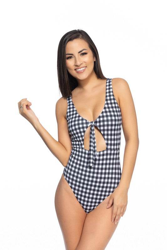BLACK AND WHITE GINGHAM CUTOUT TIE ONE PIECE SWIM - Shop Style & More | Fresh Looks, Everyday Deals & Free Shipping