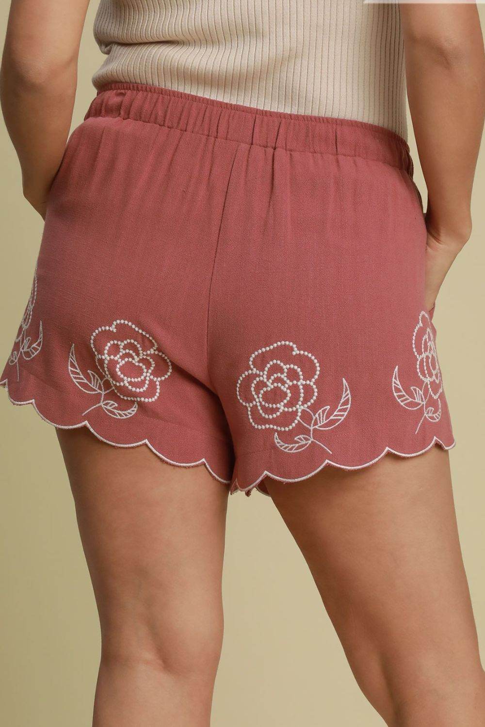 Umgee Full Size Linen Blend Shorts with Floral Embroidered Details Plus Size - Shop Style & More | Fresh Looks, Everyday Deals & Free Shipping