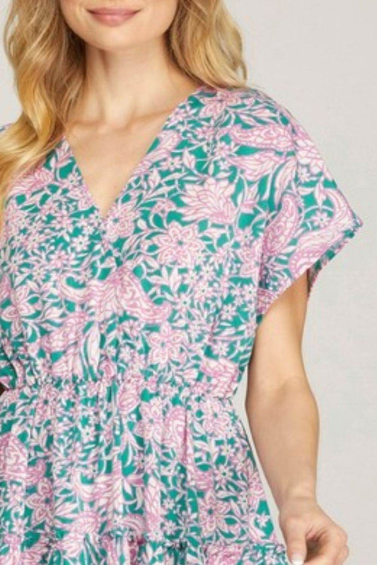 She + Sky Full Size Ruffled Hem Printed Surplice Kimono Sleeve Mini Dress Plus Size - Shop Style & More | Fresh Looks, Everyday Deals & Free Shipping
