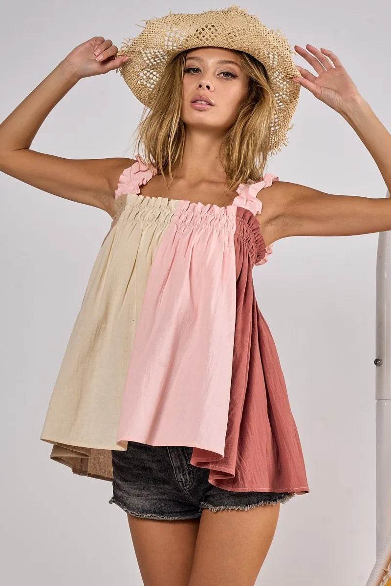 BiBi Frill Shoulder Strap Color Block Bodice Top - Shop Style & More | Fresh Looks, Everyday Deals & Free Shipping