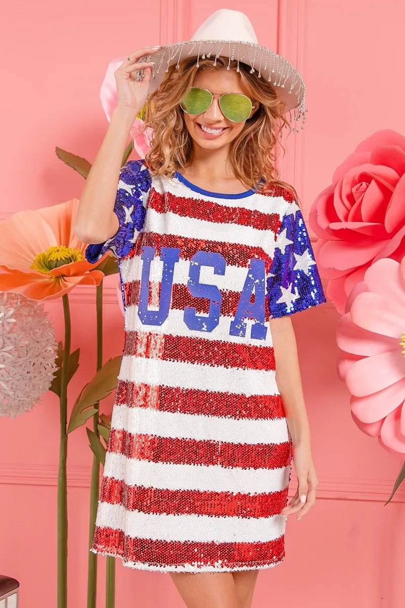 BiBi American Flag Theme Usa Print Sequin Dress - Shop Style & More | Fresh Looks, Everyday Deals & Free Shipping