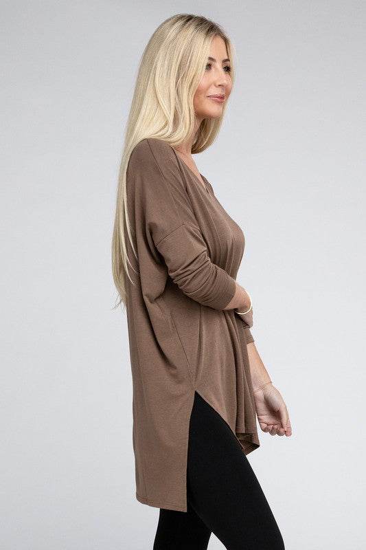 Dolman Long Sleeve V-Neck Side Slit Hi-Low Hem Top - Shop Style & More | Fresh Looks, Everyday Deals & Free Shipping