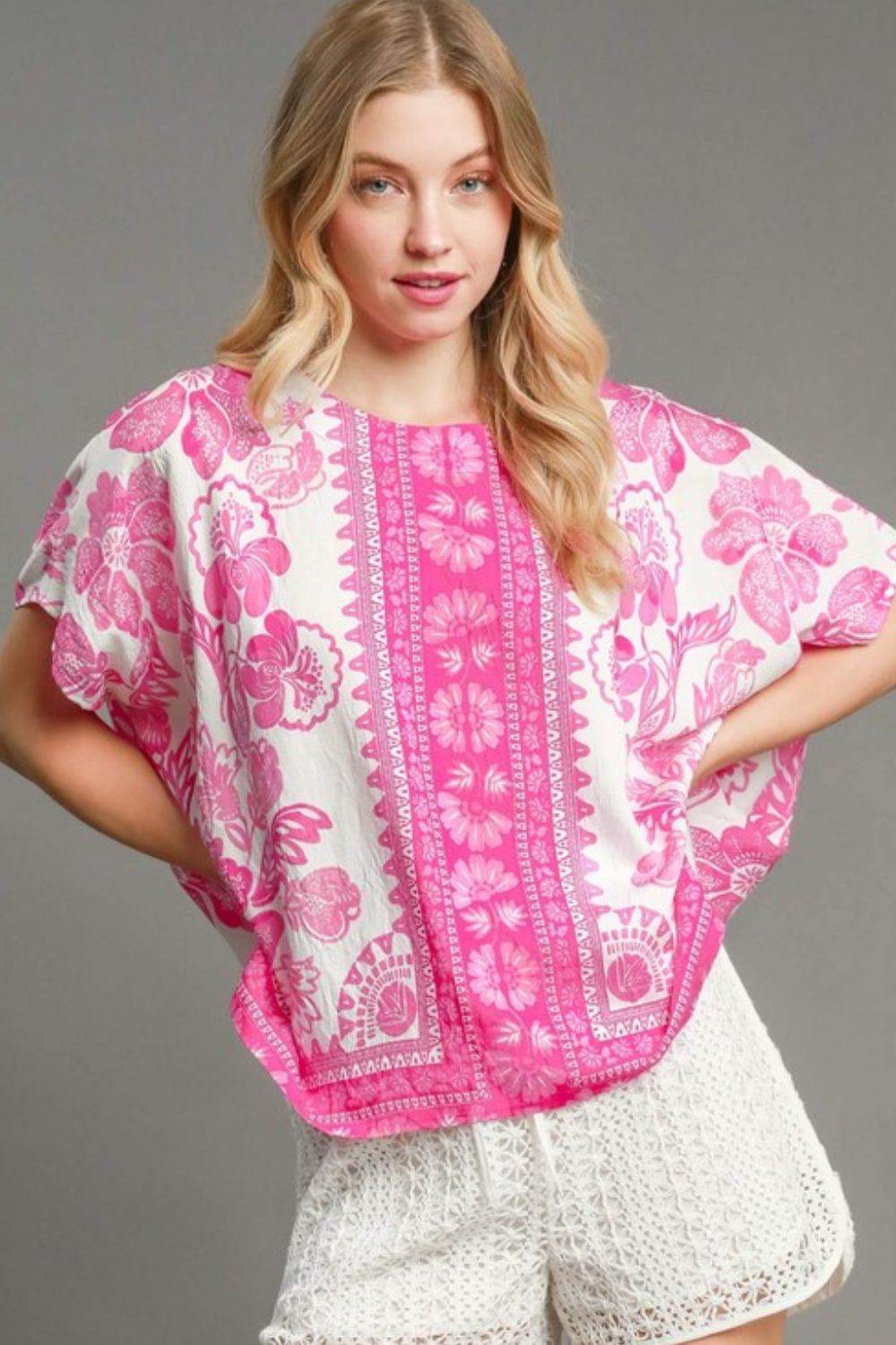 Umgee Full Size Floral Border Print Oversized Top Plus Size - Shop Style & More | Fresh Looks, Everyday Deals & Free Shipping