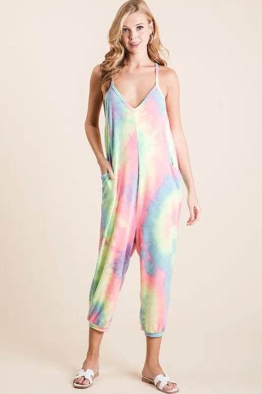 BiBi Tie Dye French Terry Mid-Length Casual Jumpsuit - Shop Style & More | Fresh Looks, Everyday Deals & Free Shipping