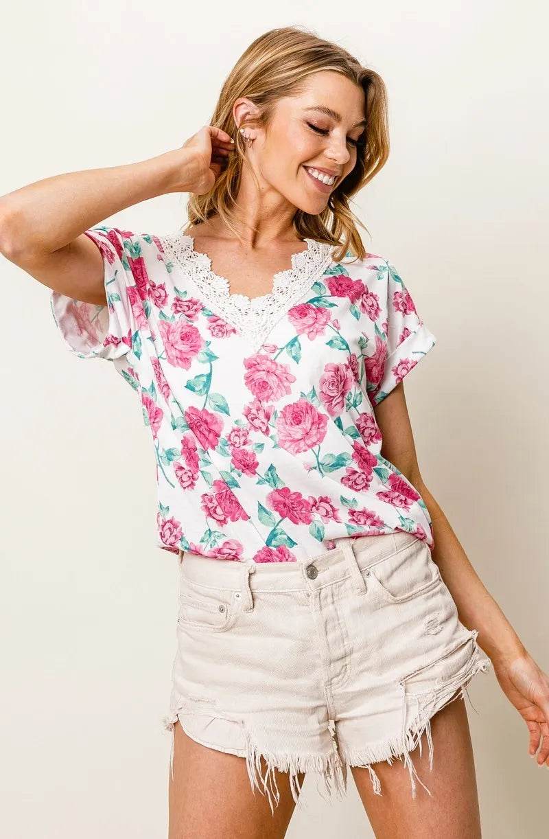 BiBi Rose Printed Poly Span with Crochet Lace Top - Shop Style & More | Fresh Looks, Everyday Deals & Free Shipping