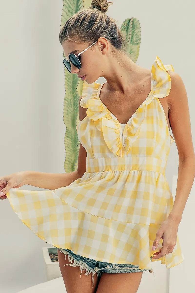 BiBi Ruffled Neckline Sleeveless Check Plaid Peplum Top - Shop Style & More | Fresh Looks, Everyday Deals & Free Shipping