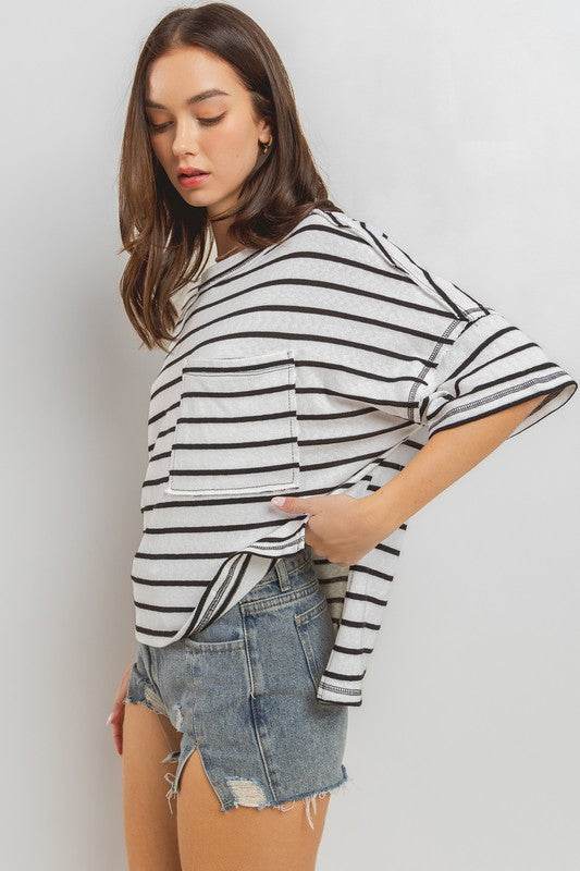 Ces Femme Side Slit Striped Round Neck Half Sleeve T-Shirt - Shop Style & More | Fresh Looks, Everyday Deals & Free Shipping