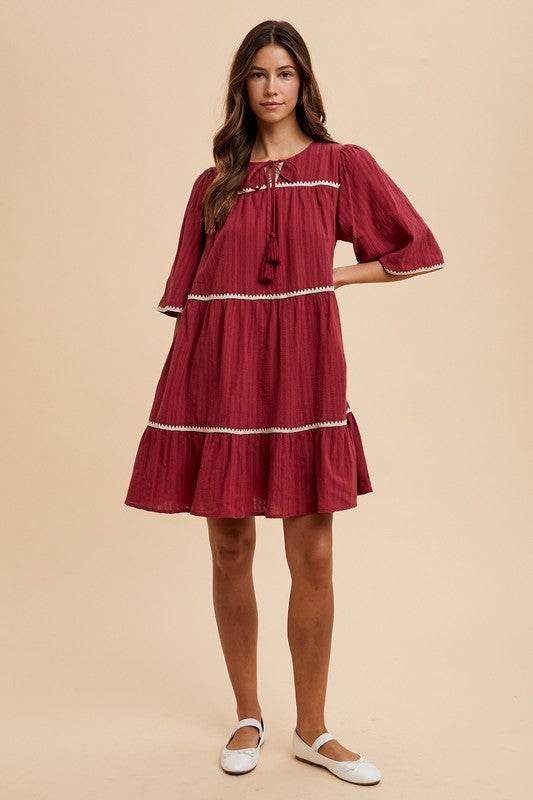 Annie Wear Tassel Contrast Trim Tie Neck Half Sleeve Tiered Dress - Shop Style & More | Fresh Looks, Everyday Deals & Free Shipping