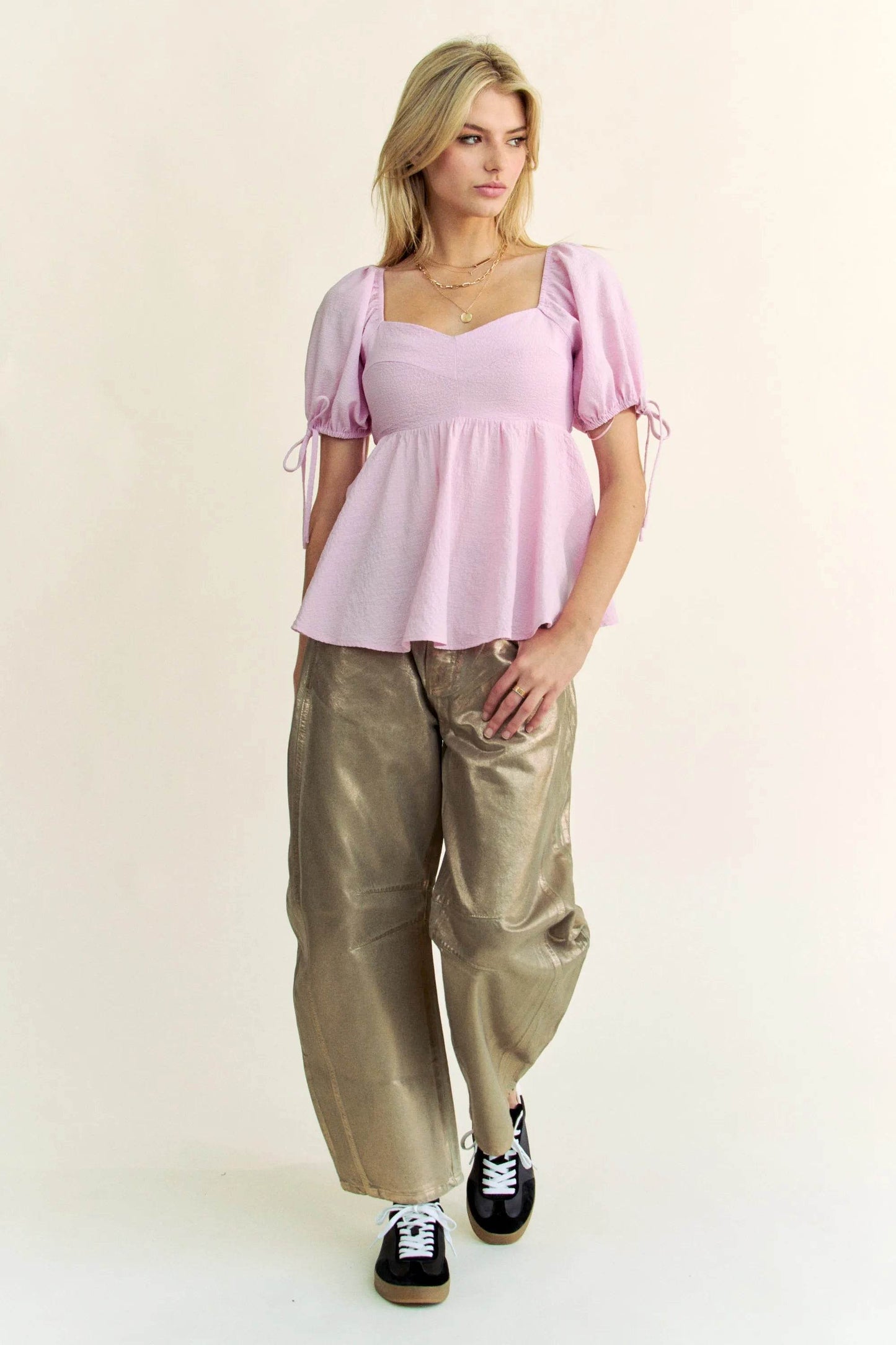 Davi & Dani Solid Elastic Peplum Puffed Sleeves Blouse - Shop Style & More | Fresh Looks, Everyday Deals & Free Shipping