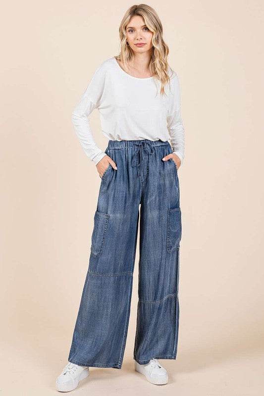 Mittoshop Washed Elastic Waist Cargo Wide Leg Pants - Shop Style & More | Fresh Looks, Everyday Deals & Free Shipping