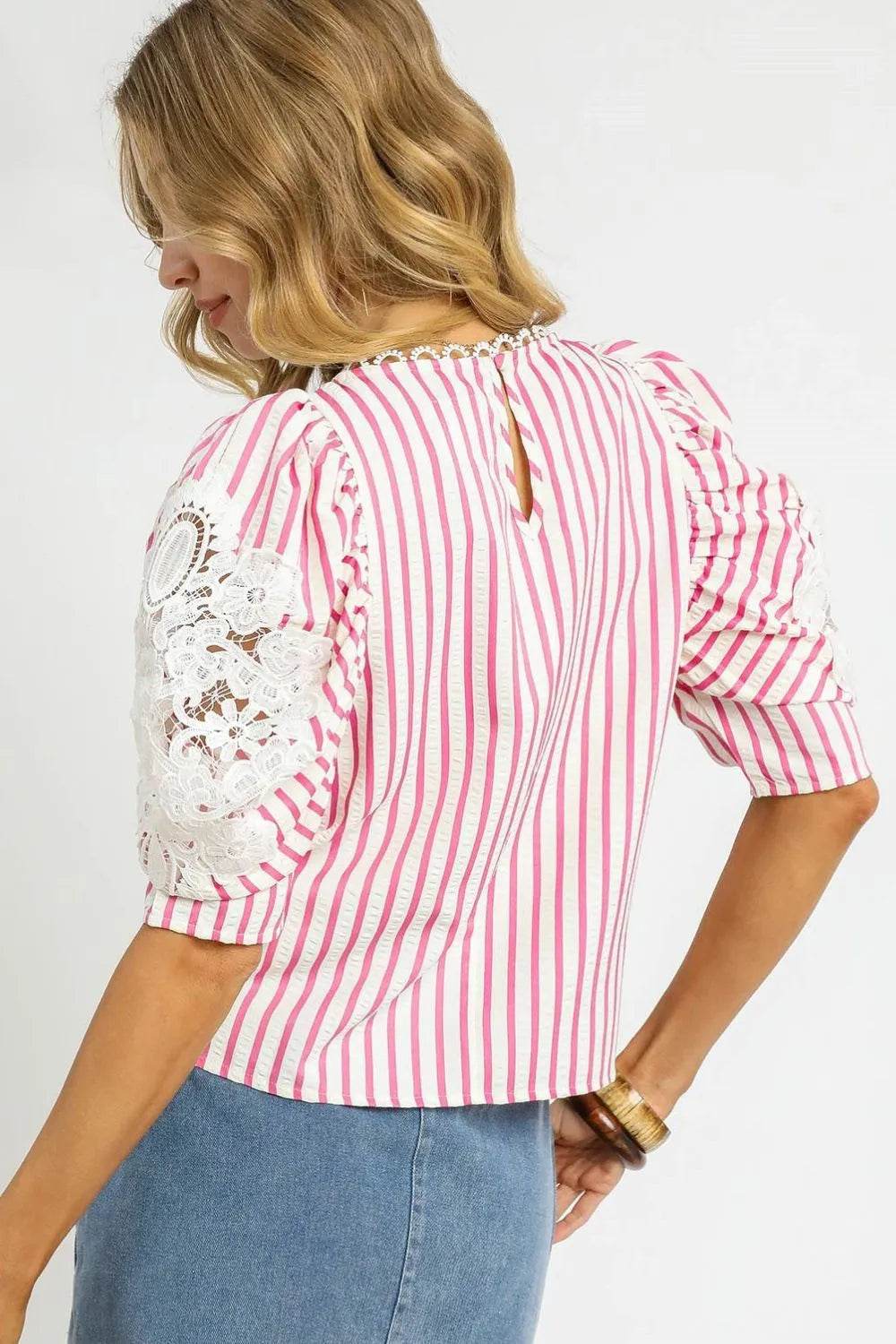 Umgee Striped Lace Puff Sleeve Blouse - Shop Style & More | Fresh Looks, Everyday Deals & Free Shipping