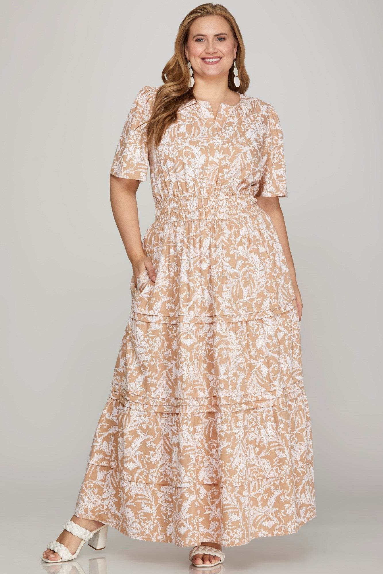 She + Sky Printed Notched Woven Tiered Pintuck Maxi Dress with Side Pockets - Shop Style & More | Fresh Looks, Everyday Deals & Free Shipping