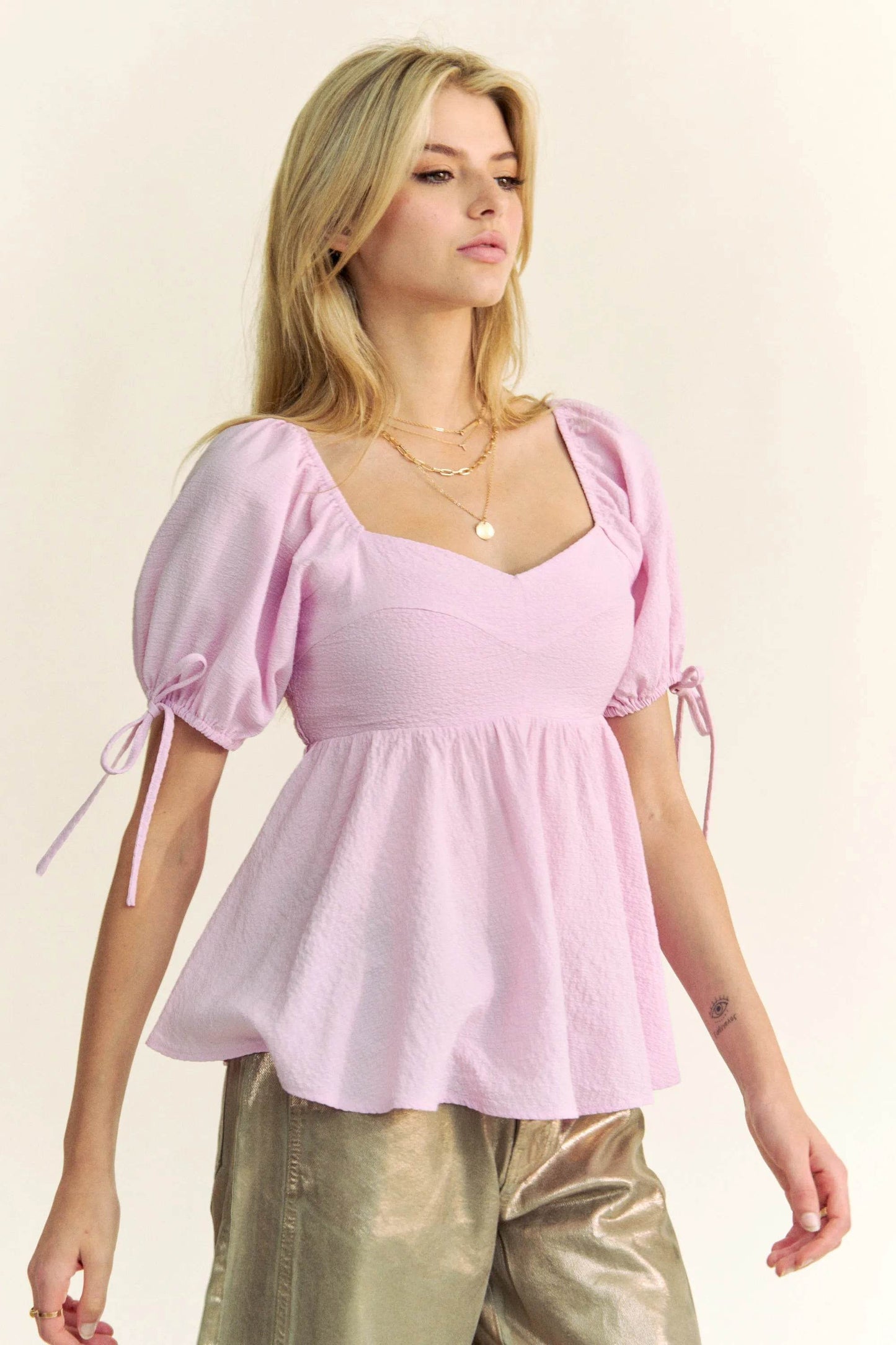 Davi & Dani Solid Elastic Peplum Puffed Sleeves Blouse - Shop Style & More | Fresh Looks, Everyday Deals & Free Shipping