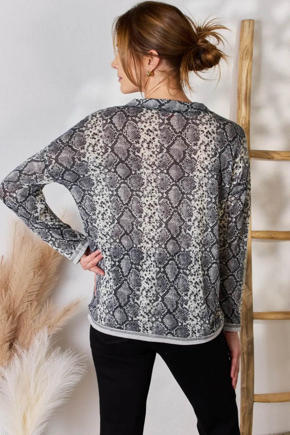 Hailey & Co Full Size Snakeskin V-Neck Long Sleeve Top - Shop Style & More | Fresh Looks, Everyday Deals & Free Shipping
