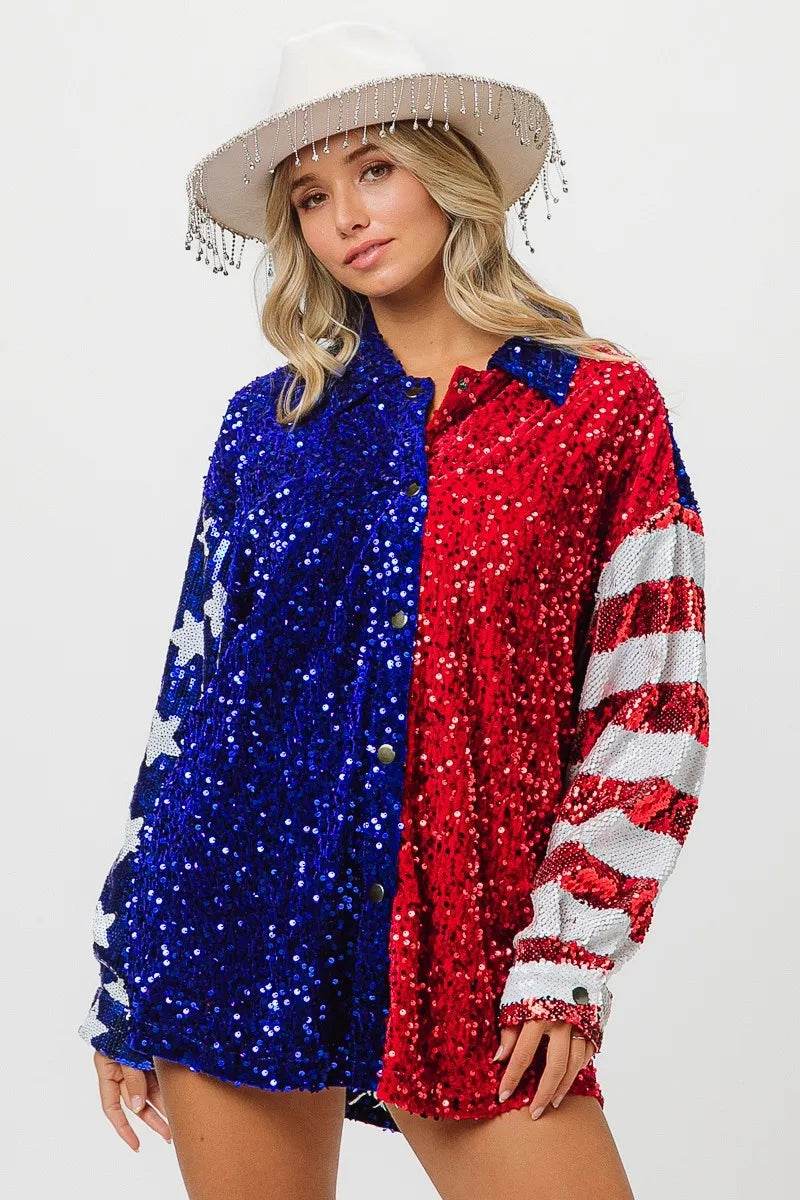 BiBi American Flag Sequin Snap Down Shirt - Shop Style & More | Fresh Looks, Everyday Deals & Free Shipping