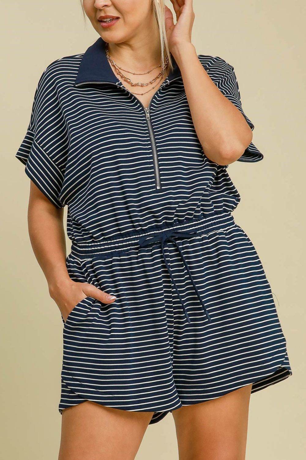 Umgee Full Size Half Zip Striped Romper Plus Size - Shop Style & More | Fresh Looks, Everyday Deals & Free Shipping