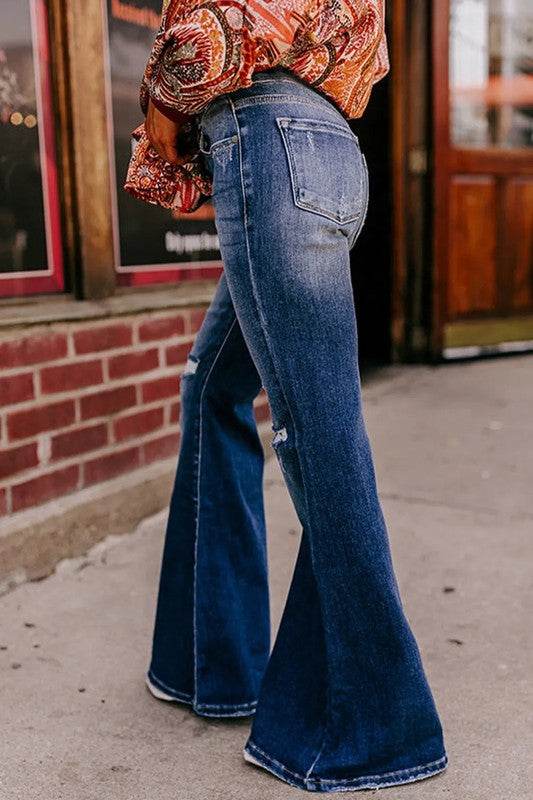 Sky Blue Button Fly Ripped High Waist Flare Jeans - Shop Style & More | Fresh Looks, Everyday Deals & Free Shipping