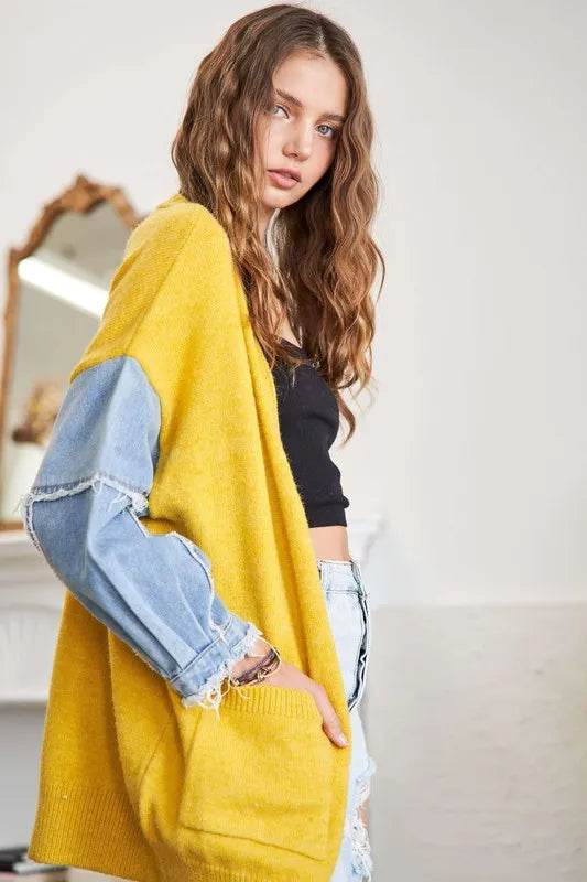 ADORA Full Size Frayed Denim Sleeve Sweater Cardigan Plus Size - Shop Style & More | Fresh Looks, Everyday Deals & Free Shipping