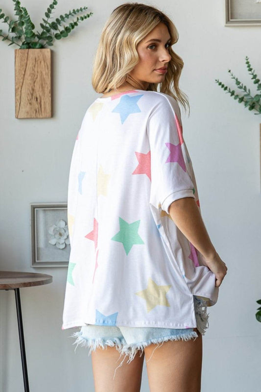 HOPELY Full Size Multi Colored Star Print T-Shirt - Shop Style & More | Fresh Looks, Everyday Deals & Free Shipping