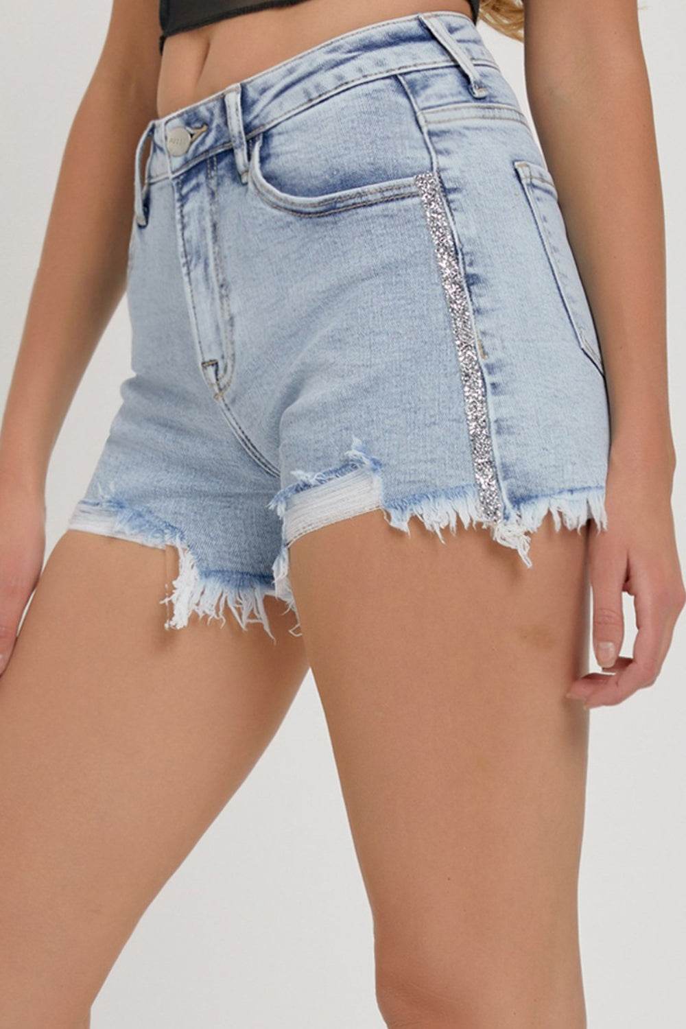 RISEN Full Size High Rise Rhinestone Strap Embellished Denim Shorts - Shop Style & More | Fresh Looks, Everyday Deals & Free Shipping
