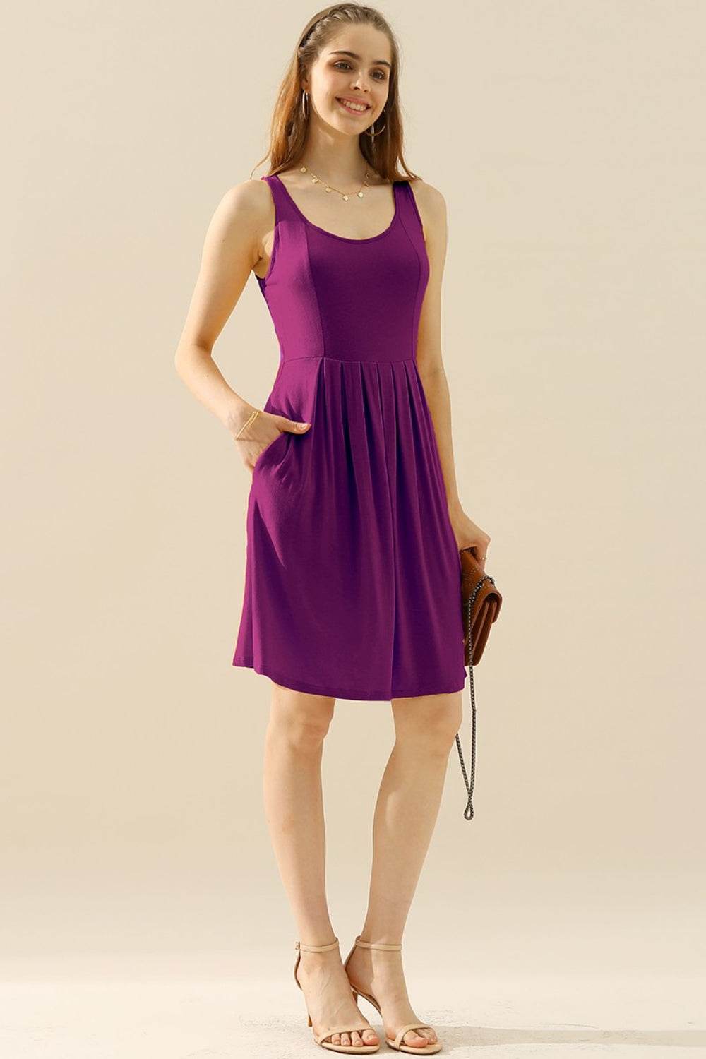 Doublju Full Size Round Neck Ruched Sleeveless Dress with Pockets - Shop Style & More | Fresh Looks, Everyday Deals & Free Shipping