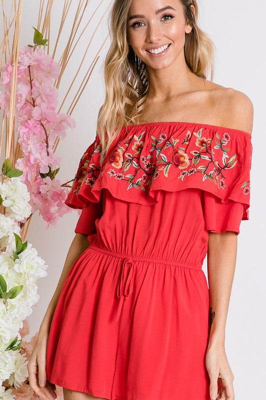 Floral Embroidered Off Shoulder Romper - Shop Style & More | Fresh Looks, Everyday Deals & Free Shipping