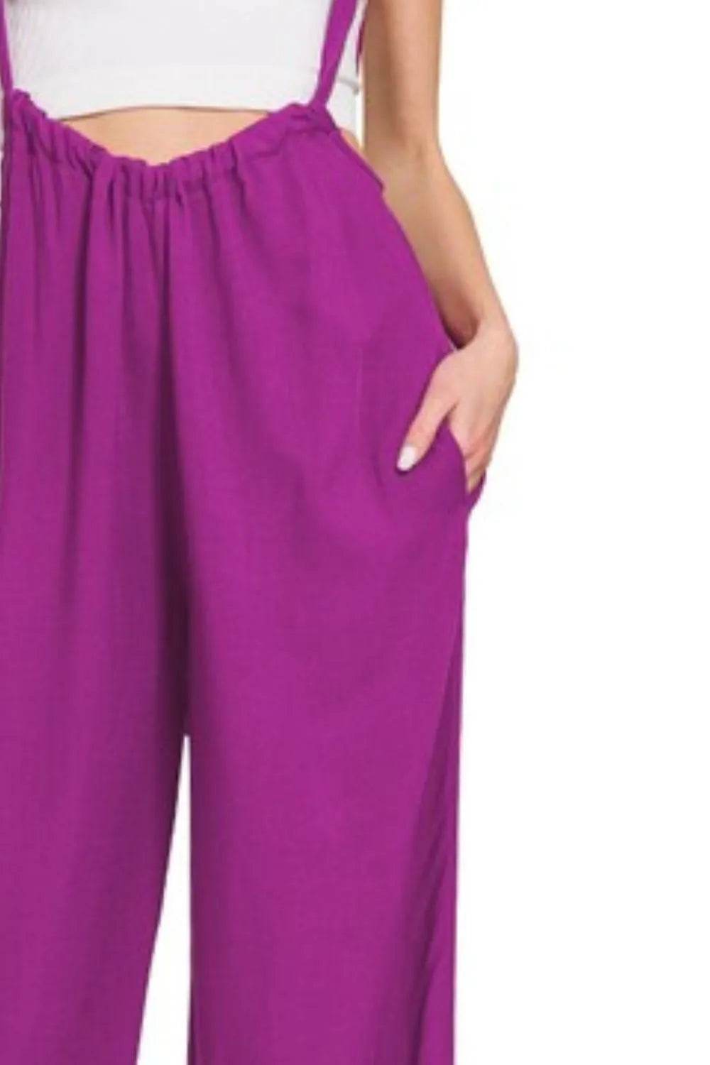 Zenana Woven Tie Back Suspender Jumpsuit - Shop Style & More | Fresh Looks, Everyday Deals & Free Shipping
