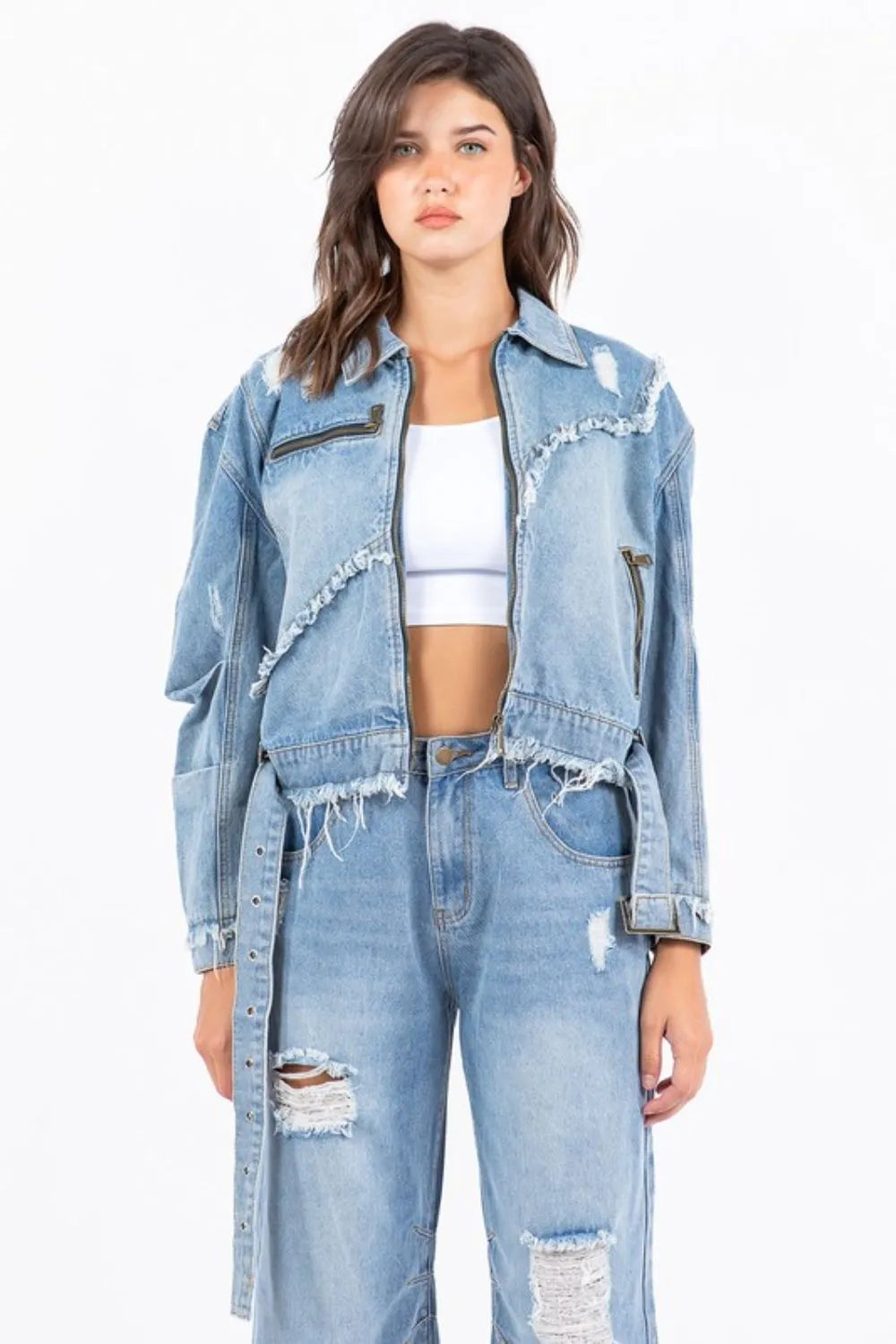 American Bazi Full Size Distressed Frayed Edge Zip Up Denim Jacket Plus Size Light Blue Women's Outerwear