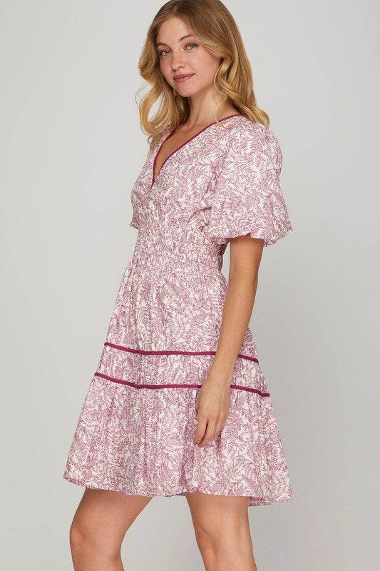 She + Sky Full Size Printed V-Neck Puff Sleeve Tiered Dress Plus Size - Shop Style & More | Fresh Looks, Everyday Deals & Free Shipping