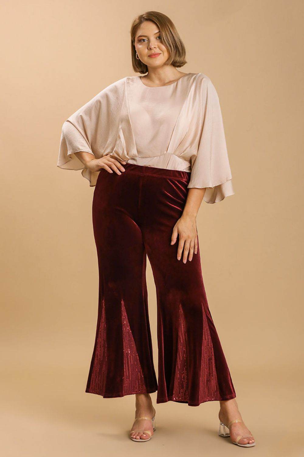 Umgee Full Size Sequin Elastic Waist Velvet Stretch Flare Leg Pants Plus Size - Shop Style & More | Fresh Looks, Everyday Deals & Free Shipping