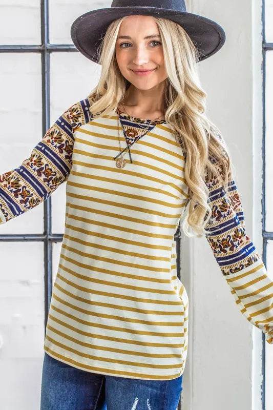 And The Why Stripe Ethnic Print Raglan Top - Shop Style & More | Fresh Looks, Everyday Deals & Free Shipping