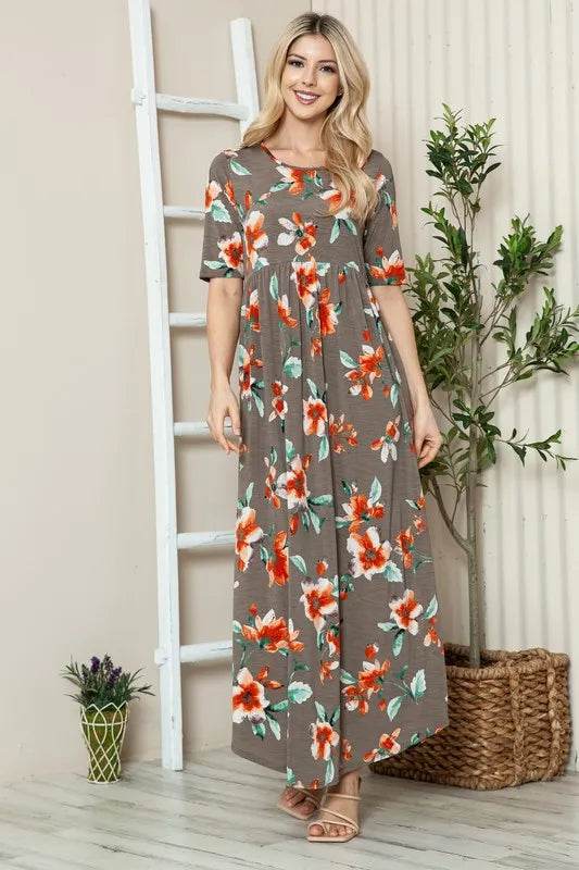 BOMBOM Floral Round Neck Short Sleeve Maxi Tee Dress - Shop Style & More | Fresh Looks, Everyday Deals & Free Shipping