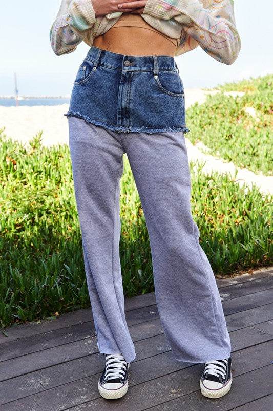 Davi & Dani Raw Hem Denim Patchwork Wide Leg Pants - Shop Style & More | Fresh Looks, Everyday Deals & Free Shipping