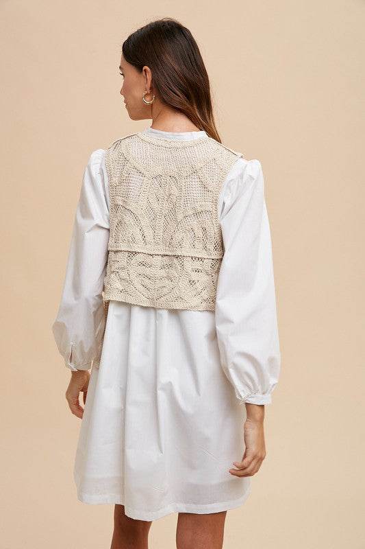 Annie Wear Crochet Vest Shirt Dress with Notched Long Sleeves - Shop Style & More | Fresh Looks, Everyday Deals & Free Shipping