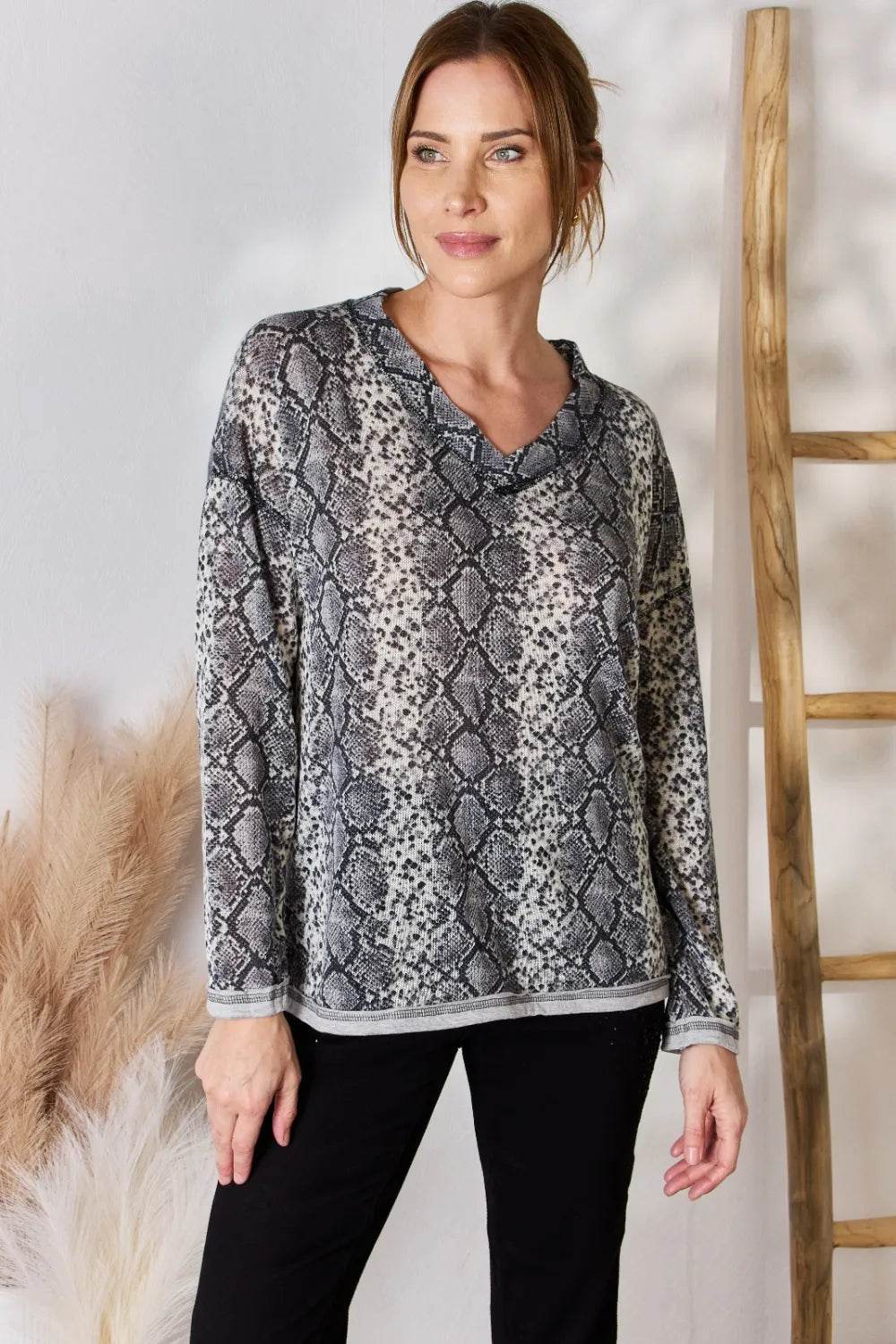 Hailey & Co Full Size Snakeskin V-Neck Long Sleeve Top - Shop Style & More | Fresh Looks, Everyday Deals & Free Shipping