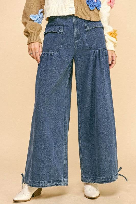 Davi & Dani Drawstring Hem Wide Leg Mid Rise Jeans - Shop Style & More | Fresh Looks, Everyday Deals & Free Shipping