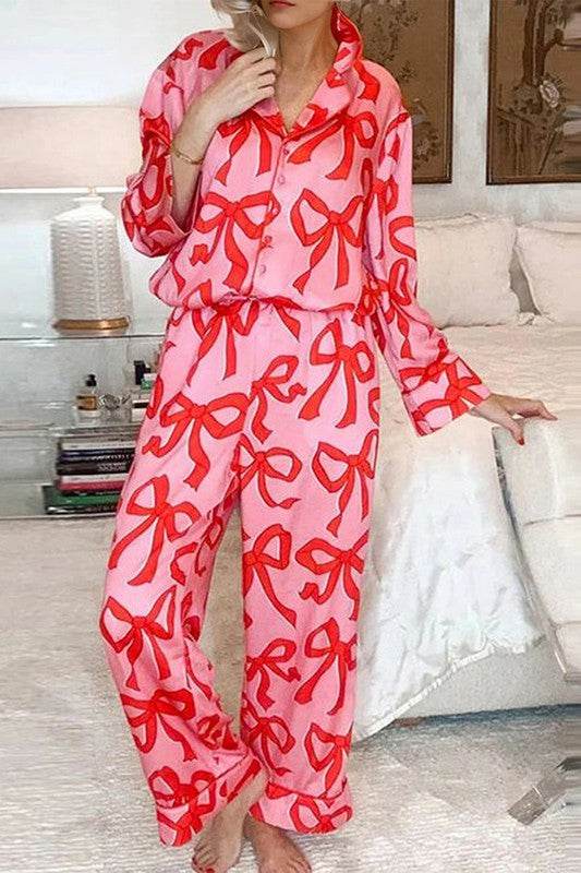 2pcs Bow Print Shirt Style Long Sleeve Pajama Set - Shop Style & More | Fresh Looks, Everyday Deals & Free Shipping