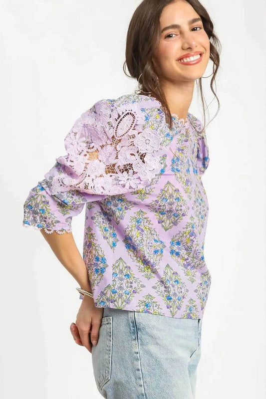 Umgee Printed Lace Puff Sleeve Blouse - Shop Style & More | Fresh Looks, Everyday Deals & Free Shipping