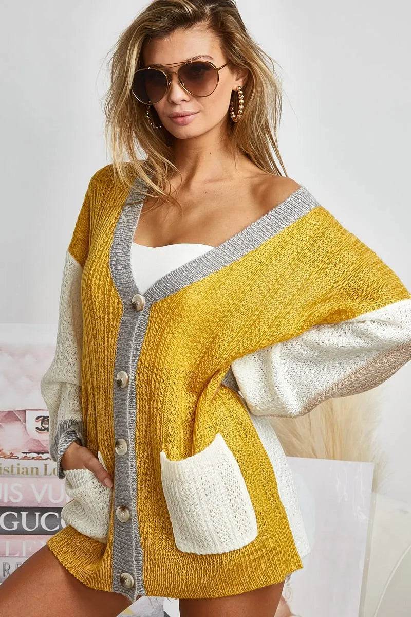 BiBi Color Block Sweater Cardigan with Button Closure - Shop Style & More | Fresh Looks, Everyday Deals & Free Shipping