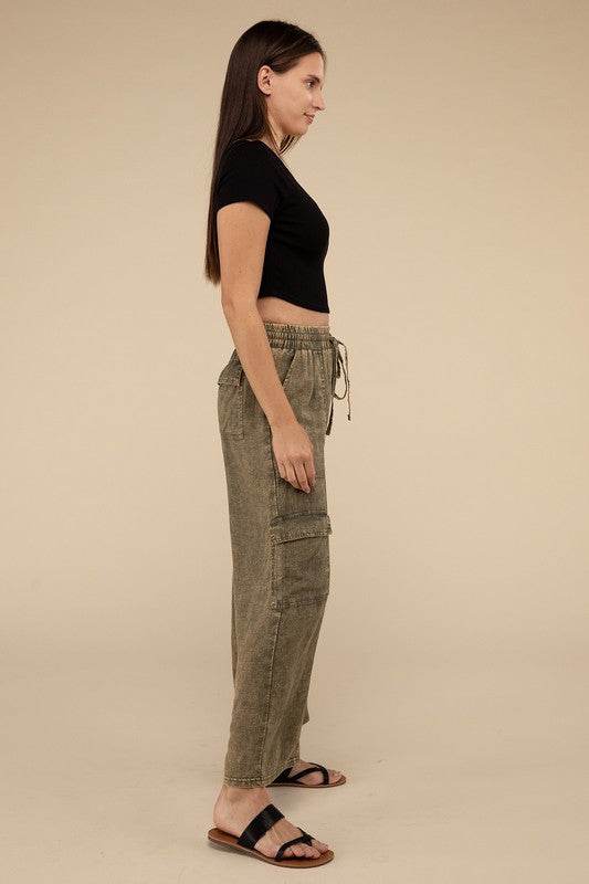 Washed Linen Elastic Band Waist Cargo Pants - Shop Style & More | Fresh Looks, Everyday Deals & Free Shipping