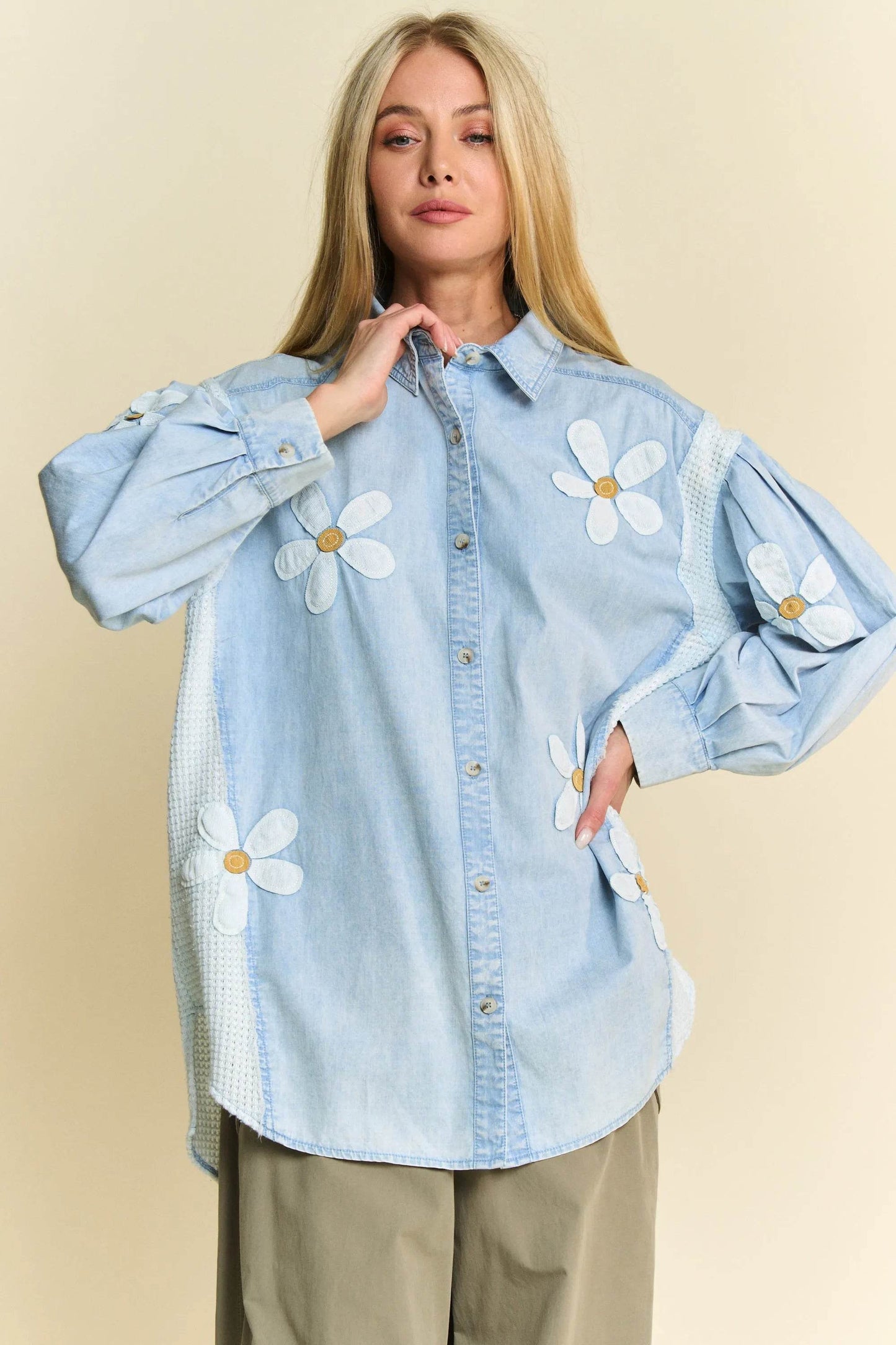 Davi & Dani Lightweight Washed Daisy Patch Waffle Knit Shirt - Shop Style & More | Fresh Looks, Everyday Deals & Free Shipping