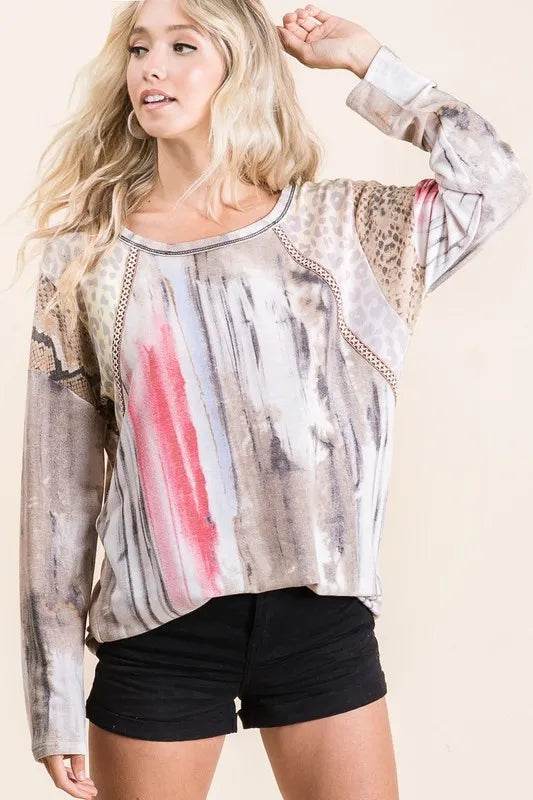 BiBi Tie Dye Knit Top with Print Block Shoulder - Shop Style & More | Fresh Looks, Everyday Deals & Free Shipping