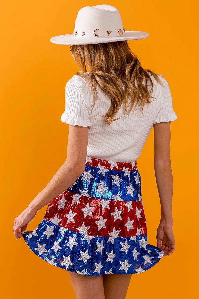 BiBi American Flag Theme Star Sequin Tiered Skirt - Shop Style & More | Fresh Looks, Everyday Deals & Free Shipping