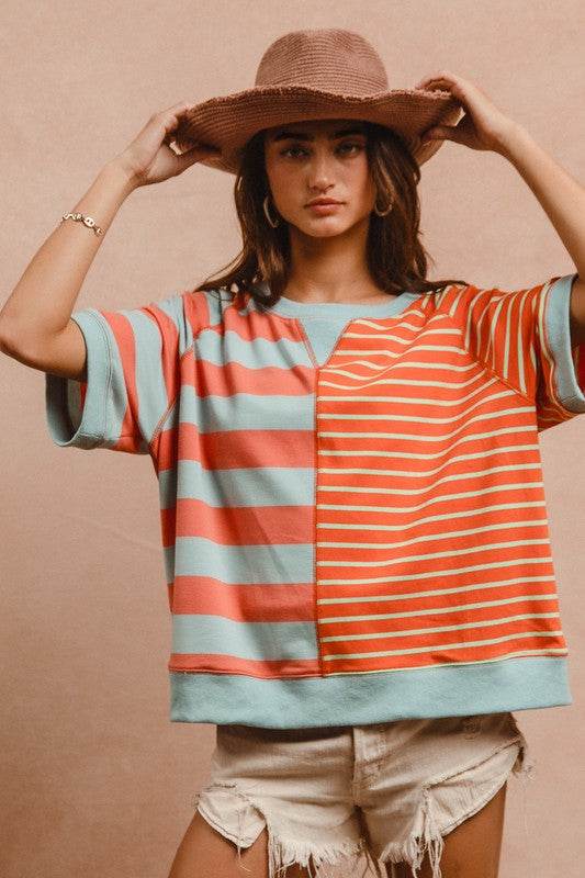 BiBi Striped Round Neck Half Sleeve French Terry Top - Shop Style & More | Fresh Looks, Everyday Deals & Free Shipping