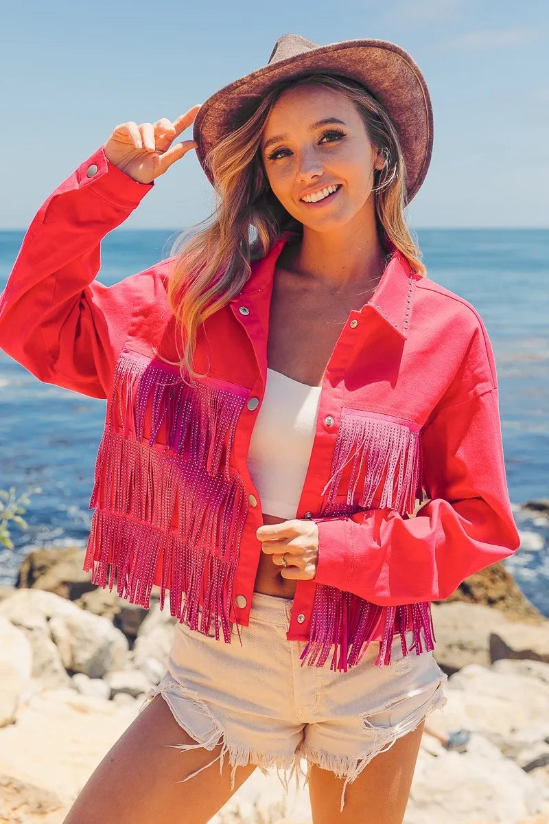 BiBi Rhinestone Fringe with Studed Collar Jacket Women's Outerwear