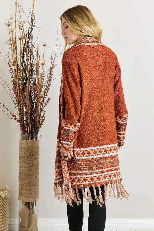 ADORA Full Size Fringe Hem Aztec Border Cardigan Plus Size - Shop Style & More | Fresh Looks, Everyday Deals & Free Shipping